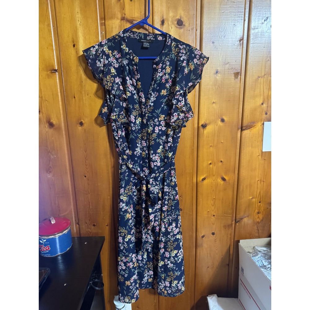 Robert Louis Navy Blue Floral Ruffle Sleeve Midi Dress Small Pink Yellow Print